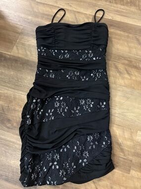 Storm Black Lace Ruched Spaghetti Strap Mini Dress